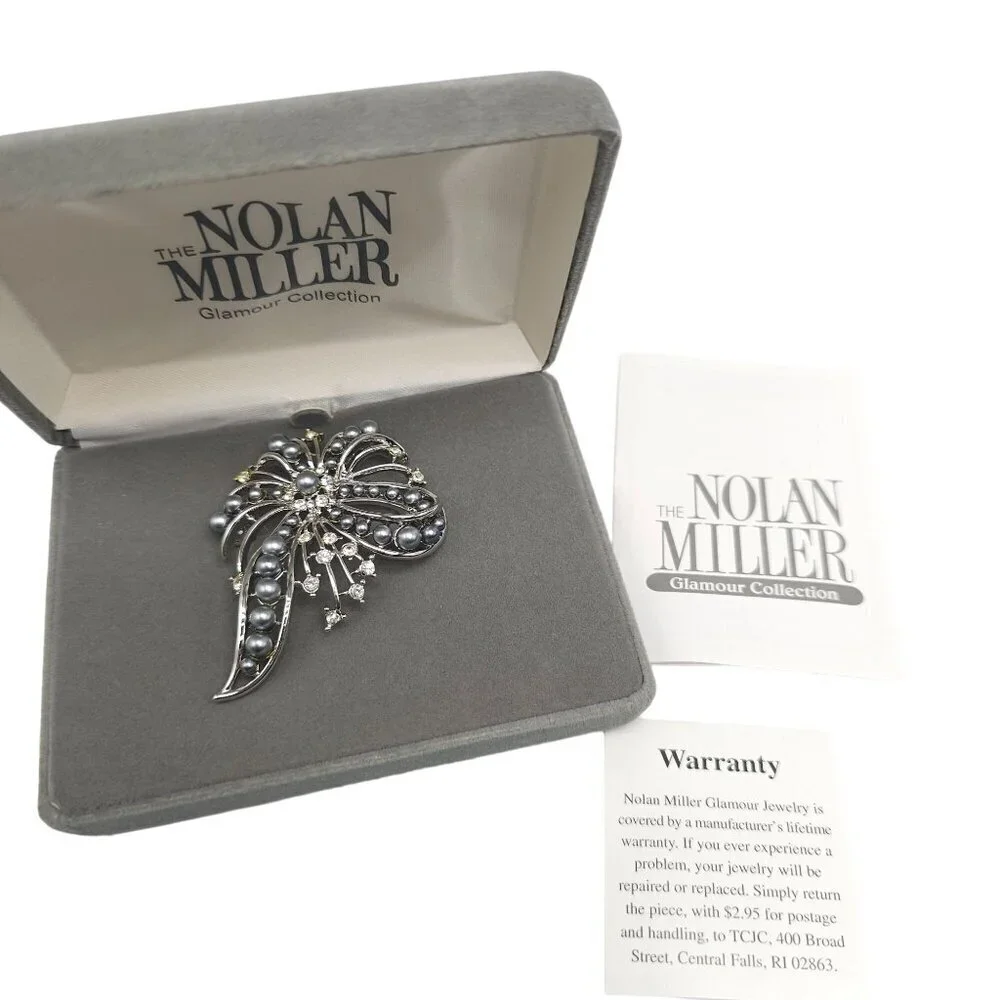 Nolan Miller Glamour Collection Brooch With Faux Gray Pearl Crystal in Box